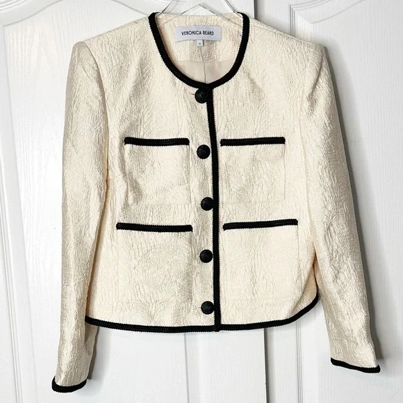 VERONICA BEARD Darla Jacquard Contrast Trim Jacket Size 10 Ivory Black - Picture 6 of 16